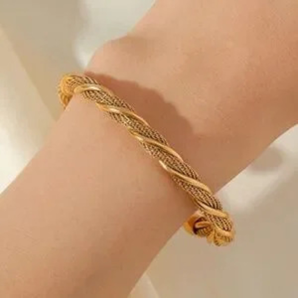 Gold Plated Stainless Steel Braided Cuff Bracelet Adjustable Open Bangle